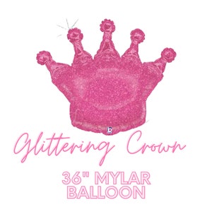 36&quot; Glittering Pink Crown Premium Mylar Balloon - Foil Helium OR AIR-Fill Balloons - Birthday, Princess, Glitter, Sparkle