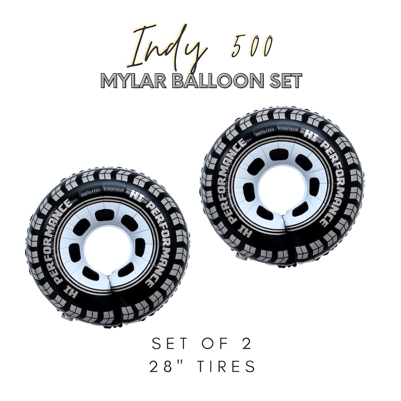 Pu&ograve; includere: Set di due palloncini in mylar a forma di pneumatico nero e bianco da 71 cm con la scritta "HI-PERFORMANCE" stampata su di essi. Set di palloncini in mylar Indy 500.