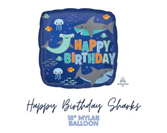 18" Happy Birthday Sharks Mylar Balloon - Foil Helium OR AIR-Fill Balloons - Birthday, Party Decor, Baby, Shark, Sharks, Ocean Party