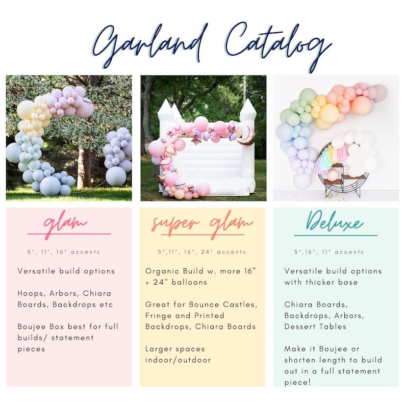 May include: A comparison chart of three balloon garland styles: glam, super glam, and deluxe. Each style features a different size and color balloon garland with a description of the style and its features. The glam style features a 5 foot garland with 11 inch and 16 inch balloons. The super glam style features a 5 foot garland with 11 inch, 16 inch, and 24 inch balloons. The deluxe style features a 5 foot garland with 11 inch and 16 inch balloons.