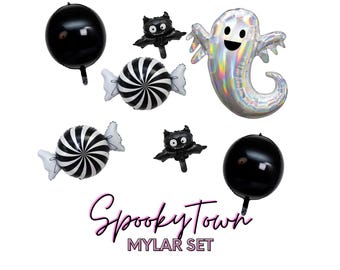 Halloween Mylar Balloon Set - Ghost, Black Peppermint Candy, Cute Bat, Orbs, Spooky Holiday Party Decor, Classroom Party
