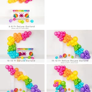 May include: A collection of colorful balloon garlands in rainbow hues, including pink, orange, yellow, green, and purple. The garlands are displayed in various arrangements, with text indicating sizes from 6-8 ft to 14-16 ft.