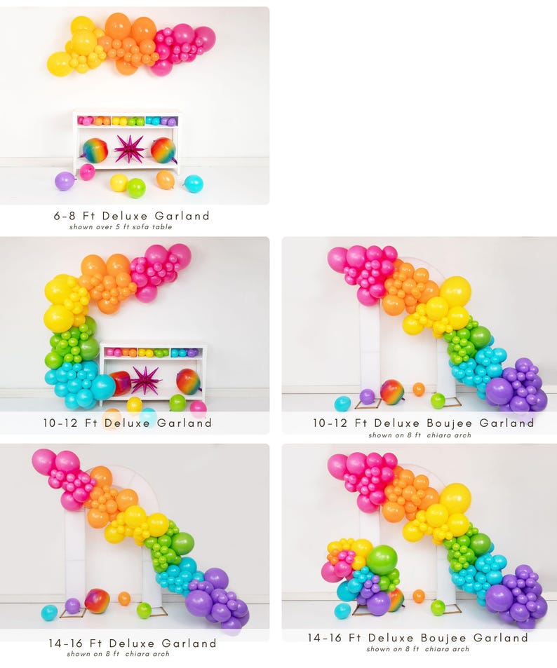 May include: A collection of colorful balloon garlands in rainbow hues, including pink, orange, yellow, green, and purple. The garlands are displayed in various arrangements, with text indicating sizes from 6-8 ft to 14-16 ft.
