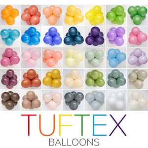 May include: A variety of colors of 5 inch latex balloons arranged in groups of five. The balloons are arranged in rows and columns, with each row representing a different color. The colors include red, orange, yellow, green, blue, purple, pink, brown, gray, and white. The balloons are all inflated and ready to be used for parties or other events. The text "Tuftex Balloons" is displayed at the bottom of the image.