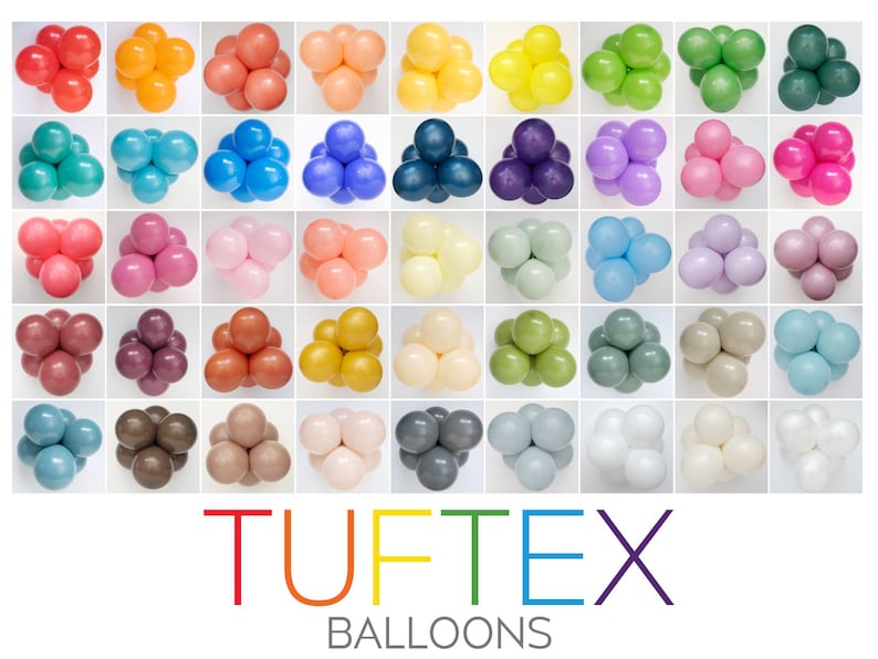 May include: A variety of colors of 5 inch latex balloons arranged in groups of five. The balloons are arranged in rows and columns, with each row representing a different color. The colors include red, orange, yellow, green, blue, purple, pink, brown, gray, and white. The balloons are all inflated and ready to be used for parties or other events. The text "Tuftex Balloons" is displayed at the bottom of the image.