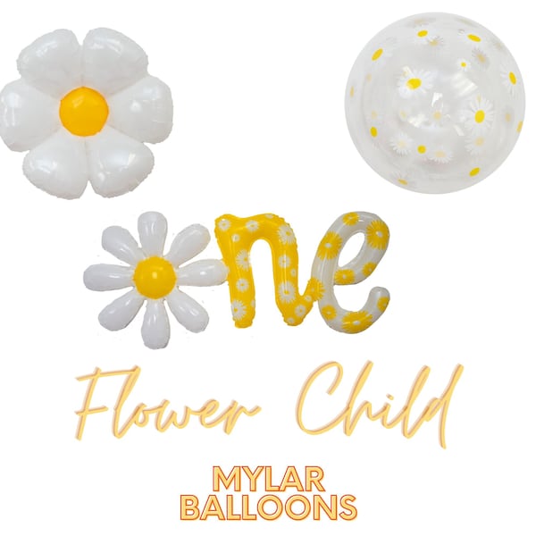 Flower Child Daisy Mylar Balloons • AIR FILL • Clear Bobo Daisy •  Flower ONE message • White Yellow-Gold  • Groovy Party Decor • 60s