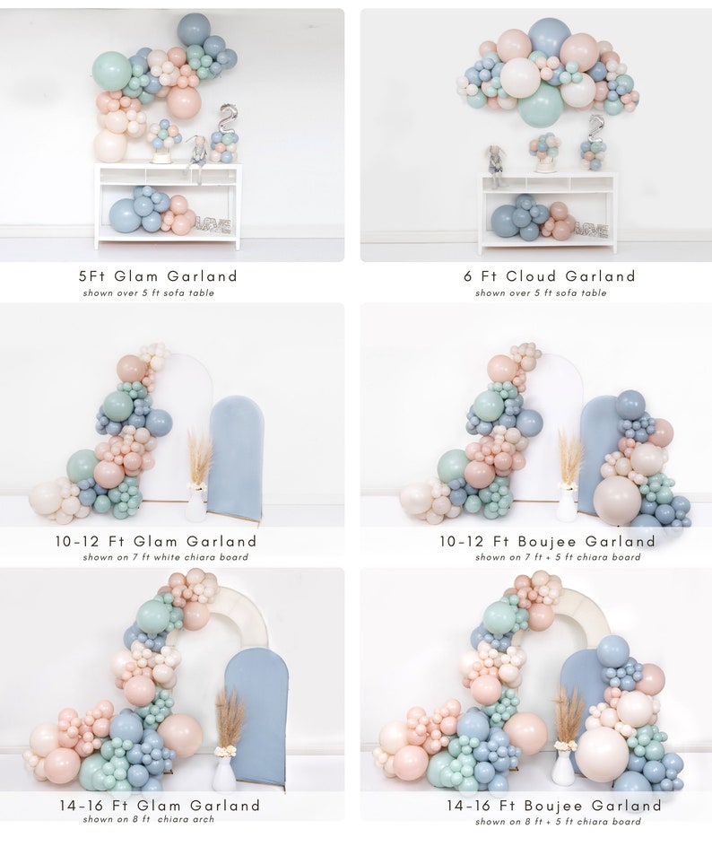 Puede incluir: Cuatro tama&ntilde;os diferentes de guirnaldas de globos en un esquema de color azul claro, verde salvia y rubor. Las guirnaldas se muestran estilizadas en una mesa de sof&aacute;, una pizarra blanca y un arco blanco. El texto en la imagen dice "5Ft Glam Garland shown over 5 ft sofa table", "6 Ft Cloud Garland shown over 5 ft sofa table", "10-12 Ft Glam Garland shown on 7 ft white chiara board", "10-12 Ft Boujee Garland shown on 7 ft 5 ft chiara board", "14-16 Ft Glam Garland shown on 8 ft chiara arch", y "14-16 Ft Boujee Garland shown on 8 ft 5 ft chiara board".