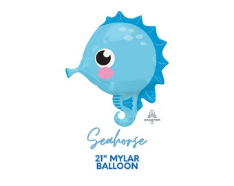 21" Seahorse Mylar Balloon - Foil Helium OR AIR-Fill Balloons - Birthday, Party Decor, Sea Creatures, Ocean, Aquatic, Beach, Sea Life