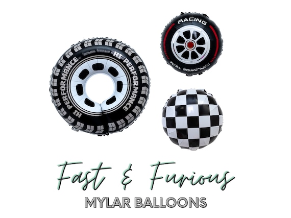 Fast & Furious Mylar Race Car Balloons • Foil AIR FILL • Tire • Checkered Race Flag • Indy 500 • Grand Prix • Race Car Party