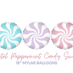 May include: Three round mylar balloons with a peppermint candy swirl design. Each balloon is 18 inches in diameter and features a different pastel color: light blue, lavender, and pink. The text "Pastel Peppermint Candy Swirls" is displayed below the balloons.