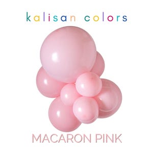 May include: A cluster of round, light pink balloons of varying sizes arranged together. The text kalisan colors appears in multicolored letters above the balloons, and the text MACARON PINK is printed in pink below the balloon cluster.