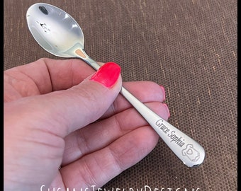 Engraved baby spoon with onesie, baby shower gift, new mom gifts, name and date, new baby, personalized, silver stainless steel spoon