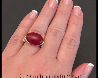 Custom ruby ring, wire wrapped, sterling silver, gold filled, personalized sizing, red jewelry, July birthstone, oval birth month ring