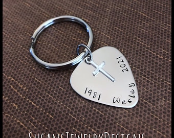 Memorial keychain, guitar pick, key chain, musician, guitar player, personalized keyring, remembrance, memory, loved one, loss, funeral gift