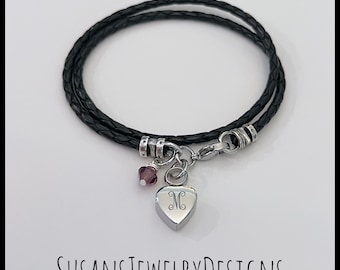 Custom engraved heart urn bracelet, stainless steel, leather wrap, cremation jewelry, personalized wording, memorial, ash holder, mom dad