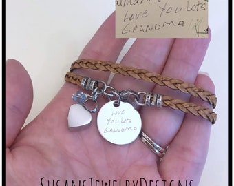 Custom heart urn leather bracelet, stainless urn, handwriting disc, cremation jewelry, personalized keepsake, ash holder, mom dad cat dog