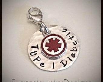 Custom medical alert clip on charm, sterling silver medical alert, medical identification, diabetic jewelry, personalized wording, type 1
