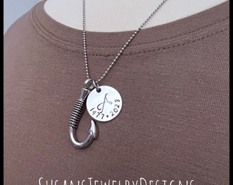 Custom stamped fish hook urn necklace, stainless steel, memorial, cremation jewelry, personalized wording, dad, ashes, pet loss, fisherman