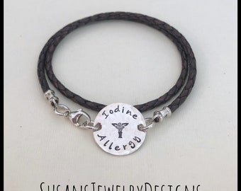 Custom medical alert bracelet, leather medical ID, sterling silver, personalized identification, allergy diabetic jewelry, wrap tour, unisex