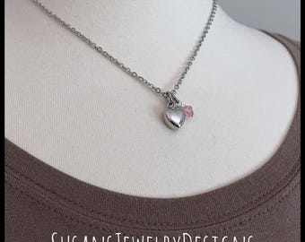 Custom tiny puffed heart urn necklace, stainless steel, personalized memorial, cremation jewelry, small ash holder, pet baby mom loss