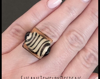 Tiger animal print ring, wire wrapped jewelry, year of the tiger, gift for her, custom size, brown black, jungle animal, Chinese New Year