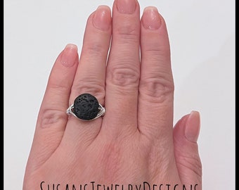 Aromatherapy ring, round lava stone ring, diffuser jewelry, aromatherapy, black lava rock, essential oil, custom size ring, coin lava bead