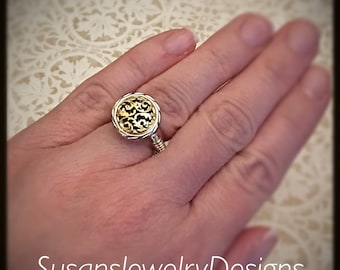 Button ring, wire wrapped ring, sterling silver ring, gift for her, custom ring size, silver gold ring, floral ring, two tone round ring
