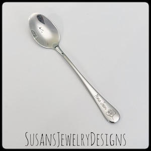 Engraved baby spoon with rose bud, baby shower gift, new mom, name and date, new baby, personalized wording, unisex, silver stainless steel
