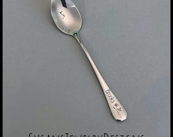 Custom engraved birth flower baby spoon, name, shower present, stainless steel, new mom, floral, personalized wording, christening, baptism