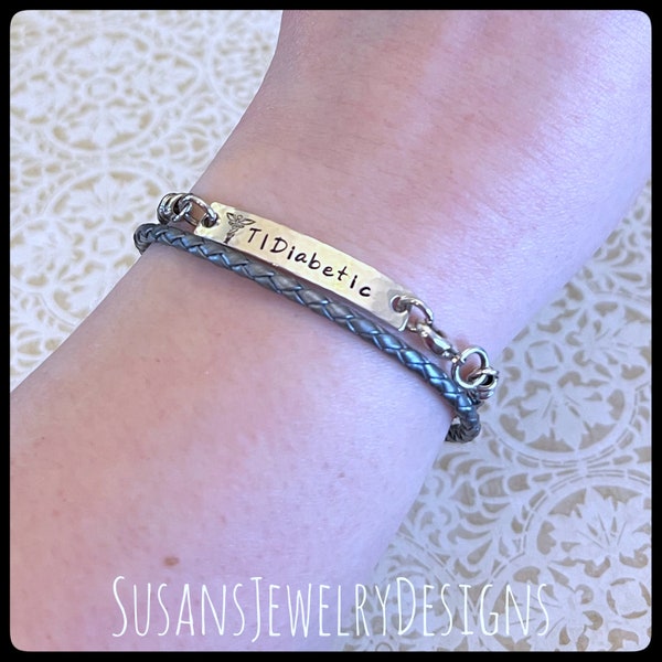 Custom medical alert bracelet, sterling silver, medical ID, medical identification, personalized id, type diabetic jewelry, leather bracelet