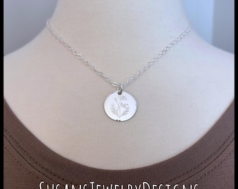 Custom engraved rose flower necklace, round disc pendant, sterling silver jewelry, flower bouquet, simple design, dainty, June birthday