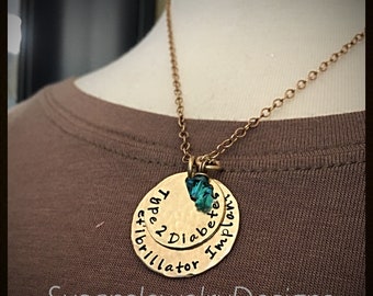 Custom medical alert necklace, medical ID, bronze medical alert, medical identification, diabetic jewelry, defibrillator implant, type 2