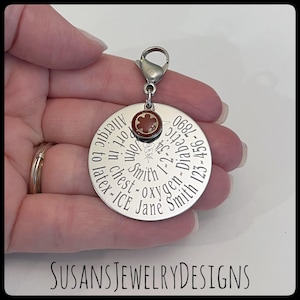 Custom medical id clip on charm, medical ID, stainless steel, medical identification, diabetic jewelry, personalized wording, unisex, bag