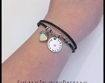 Custom stamped heart urn bracelet, stainless steel, leather wrap, memorial, cremation jewelry, personalized wording, ash holder, pet loss