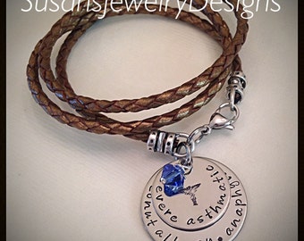 Custom medical alert bracelet, leather medical ID, stainless medical alert, medical identification, asthma bracelet, anaphylaxis jewelry