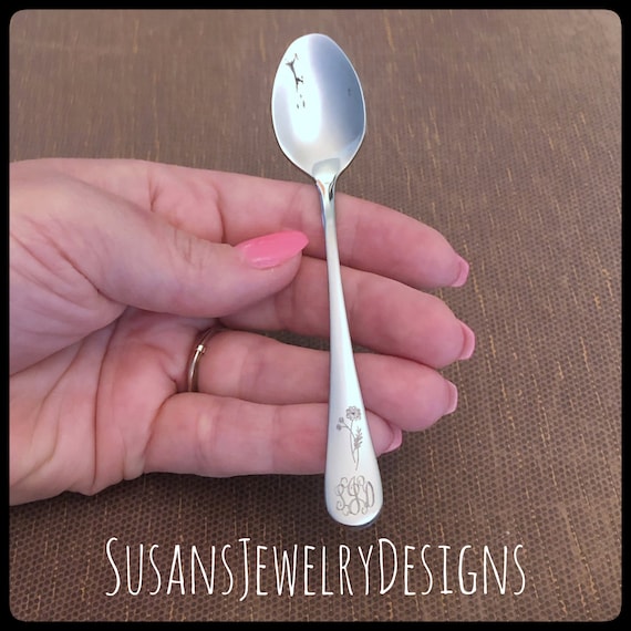 Engraved Birth Flower Baby Spoon Monogram Baby Shower Gift