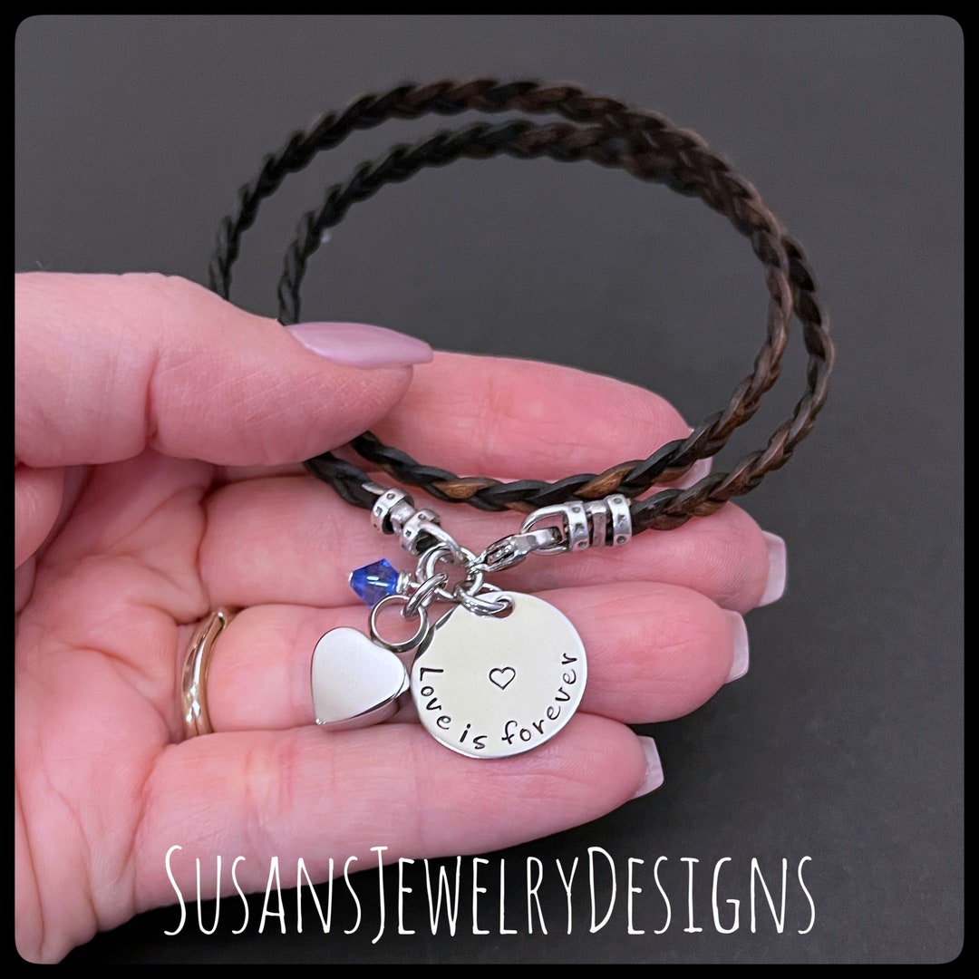 Custom Heart Urn Bracelet, Stainless Urn, Leather Memorial Bracelet