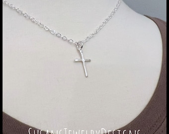 Cross necklace, sterling silver, Christian jewelry, crucifix, unisex, Bible, God, religion, worship, remembrance, dainty gift, confirmation