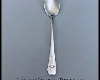 Engraved baby spoon with deer head, baby shower gift, new mom, name date, new baby, personalized wording, antlers, silver stainless steel