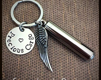 Custom angel wing cylinder urn key chain, stainless urn, memorial keyring, cremation keychain, personalized, cat pet dog baby, ash holder