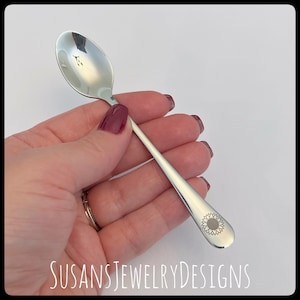 Custom laser engraved sunflower baby spoon, date on back, shower present, silver stainless steel gold, new mom, unisex personalized infant