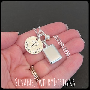 Custom rectangle urn necklace, sterling silver memorial cremate, cremation jewelry personalized ash holder, stamped words, mom dad baby loss
