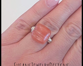 Pink cherry quartz ring, wire wrapped, sterling silver, yellow gold, rose gold, gift for her, custom size, pink stone, wire wrap, watermelon