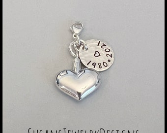 Custom heart urn clip on charm, sterling silver, cremate memorial, cremation jewelry, personalized keepsake, ash holder, pet, clip charm