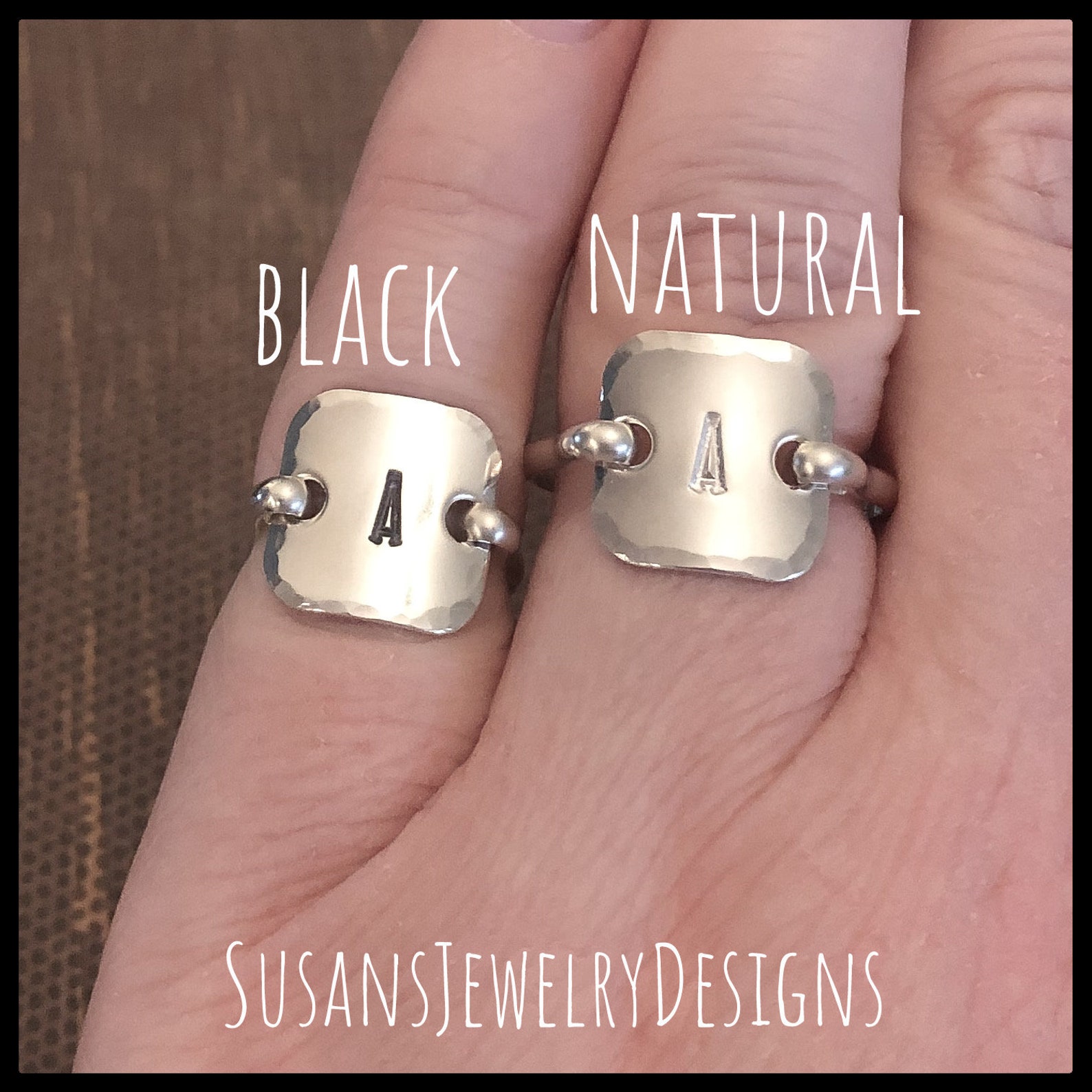 Square Stamped Initial Saddle Ring, Sterling Silver, Hammered Edge Ring ...