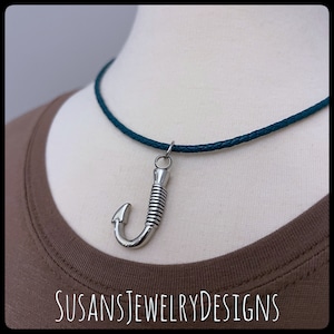 Custom fish hook urn necklace, stainless steel, memorial, leather cremation jewelry, ash holder, dad mom pet baby man woman boy girl, unisex