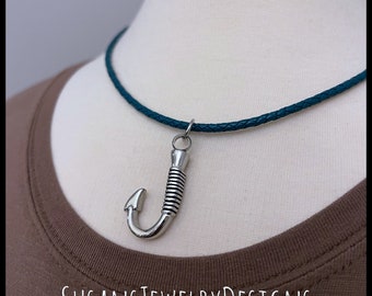 Custom fish hook urn necklace, stainless steel, memorial, leather cremation jewelry, ash holder, dad mom pet baby man woman boy girl, unisex