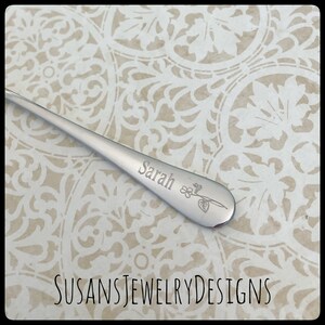 Engraved birth flower baby spoon, name baby shower gift, stainless steel, new mom, floral, personalized gift for mom, christening, unisex image 7