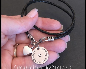 Custom stamped heart urn bracelet, stainless steel, leather wrap, memorial, cremation jewelry, personalized wording, ash holder cat dog bird