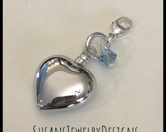 Custom heart urn clip on charm, sterling silver, memorial cremation jewelry, personalized keepsake, ash urn holder, pet, charm with clip